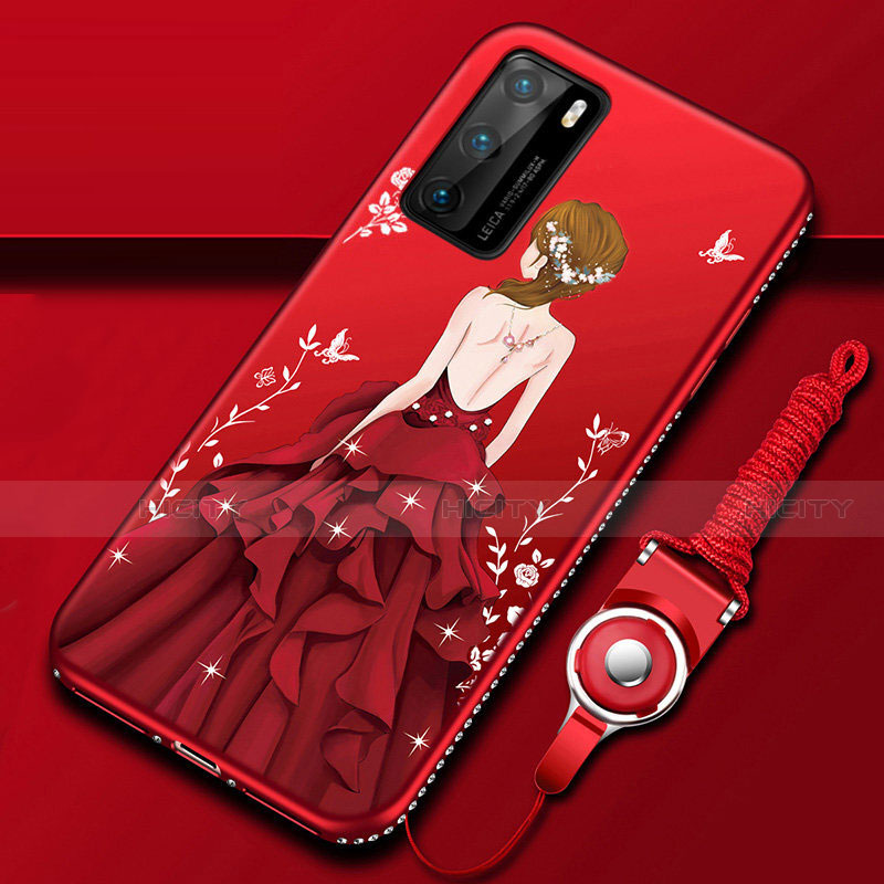 Coque Silicone Dos de Fille Souple Couleur Unie Etui Housse pour Huawei P40 Rouge Plus