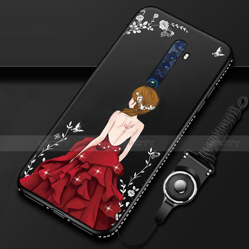 Coque Silicone Dos de Fille Souple Couleur Unie Etui Housse pour Oppo Reno2 Rouge et Noir Plus