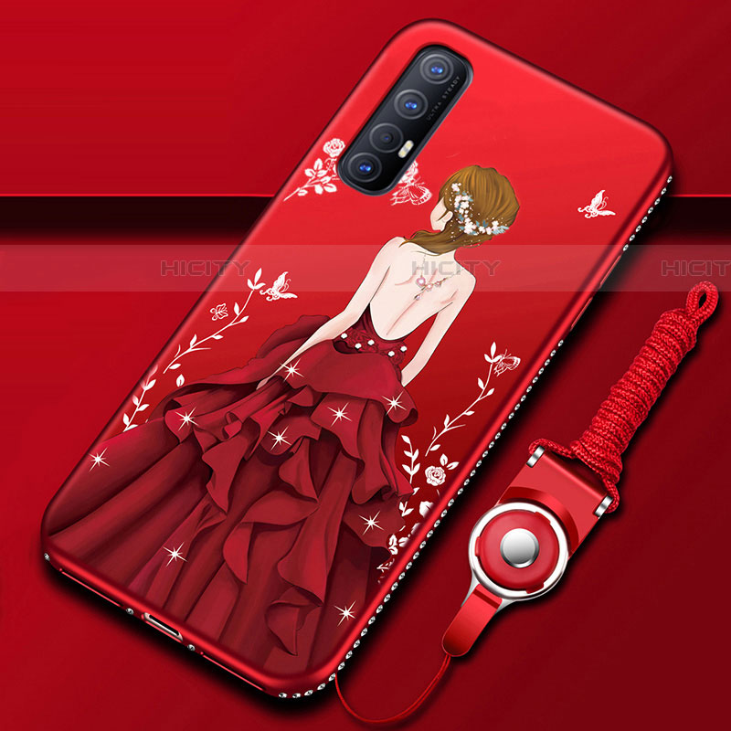 Coque Silicone Dos de Fille Souple Couleur Unie Etui Housse pour Oppo Reno3 Pro Rouge Plus