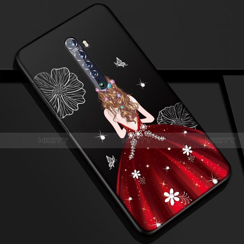 Coque Silicone Dos de Fille Souple Couleur Unie Etui Housse S01 pour Oppo Reno2 Rouge et Noir Plus