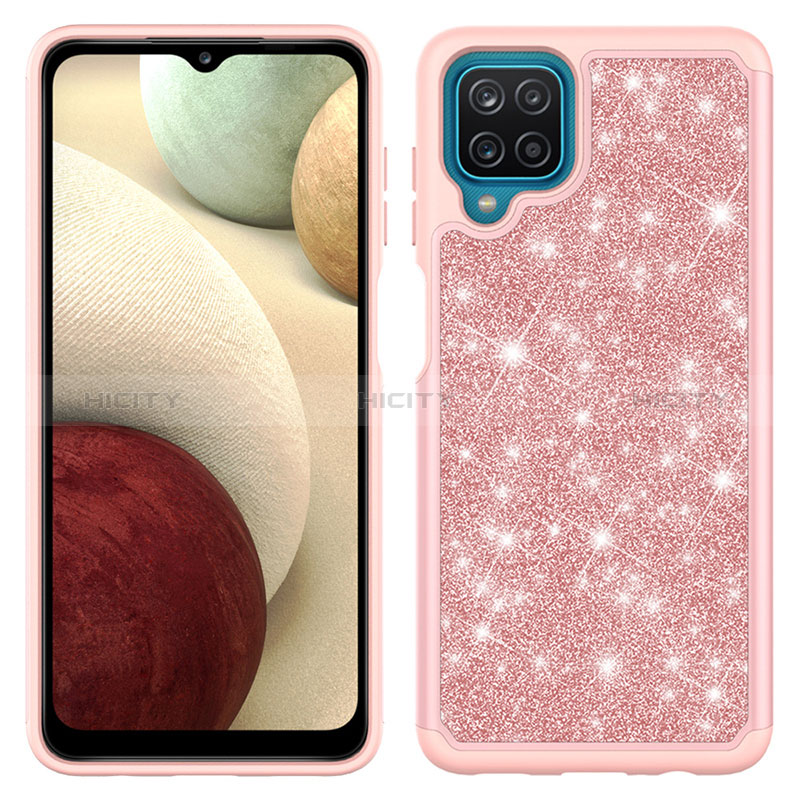 Coque Silicone et Plastique Housse Etui Protection Integrale 360 Degres Bling-Bling JX1 pour Samsung Galaxy A12 Nacho Or Rose Plus