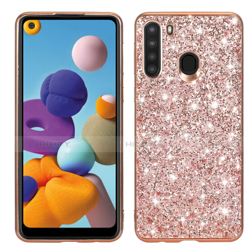 Coque Silicone et Plastique Housse Etui Protection Integrale 360 Degres Bling-Bling pour Samsung Galaxy A21 Or Rose Plus