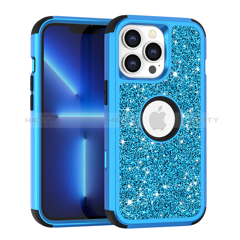 Coque Silicone et Plastique Housse Etui Protection Integrale 360 Degres Bling-Bling YJ1 pour Apple iPhone 13 Pro Max Bleu Plus