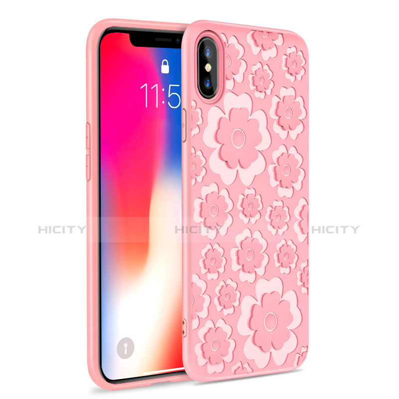 Coque Silicone Fleurs 3D Souple Couleur Unie pour Apple iPhone X Rose Plus