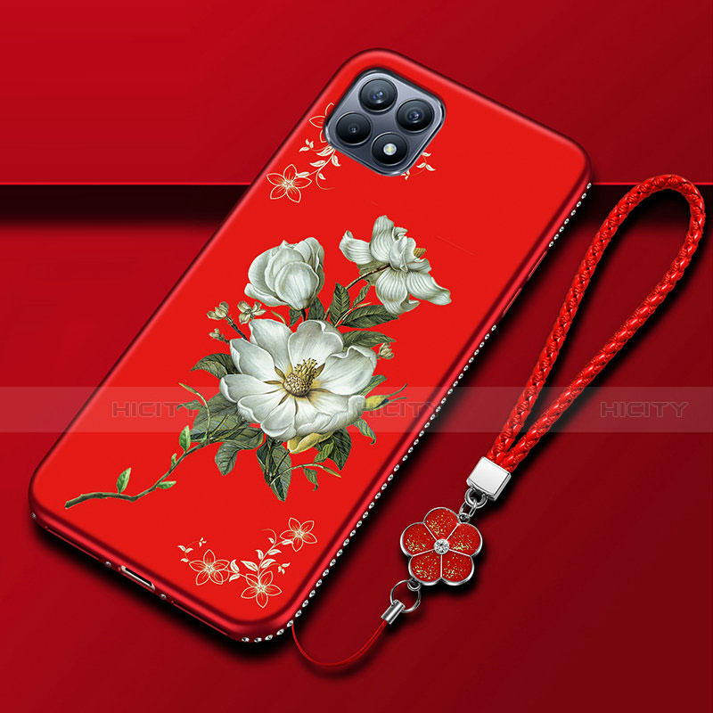 Coque Silicone Fleurs Souple Couleur Unie Etui Housse A01 pour Oppo Reno4 SE 5G Rouge Plus