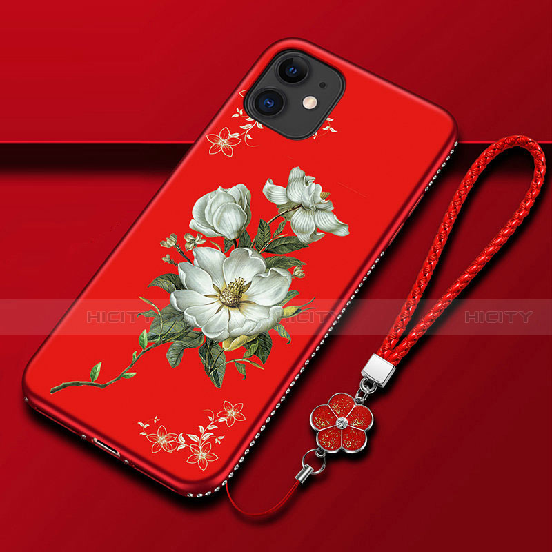 Coque Silicone Fleurs Souple Couleur Unie Etui Housse pour Apple iPhone 12 Rouge Plus