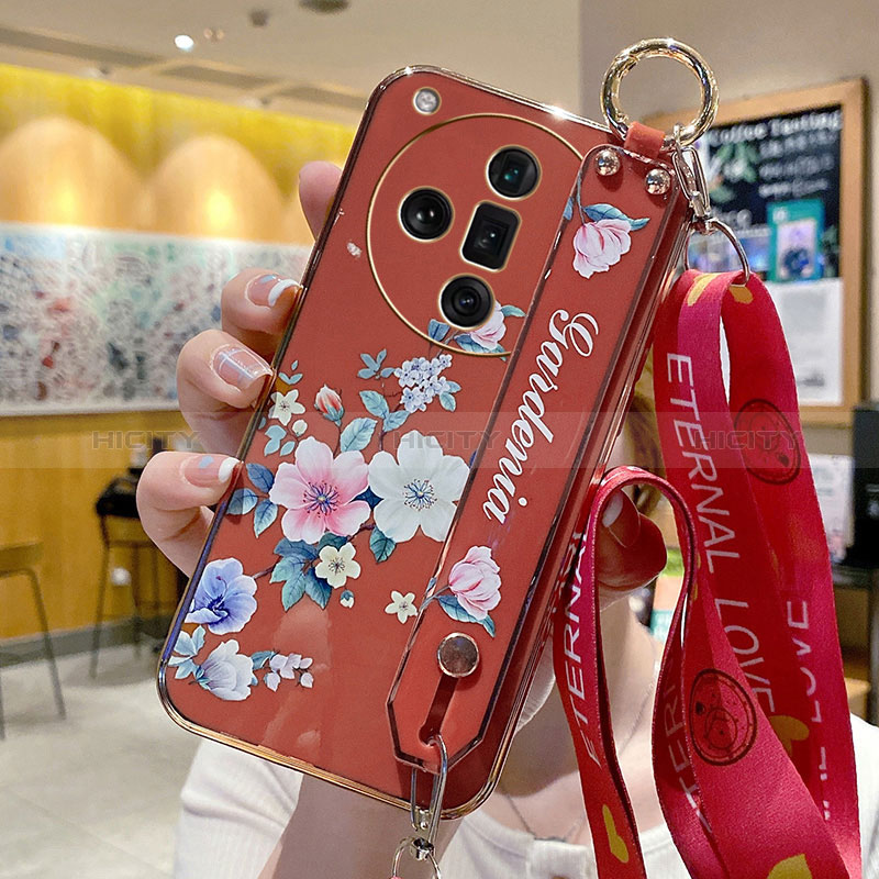 Coque Silicone Fleurs Souple Couleur Unie Etui Housse pour Oppo Find X7 5G Rouge Plus