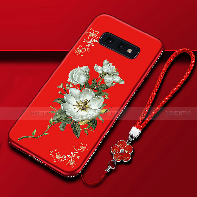 Coque Silicone Fleurs Souple Couleur Unie Etui Housse pour Samsung Galaxy S10e Rouge Plus