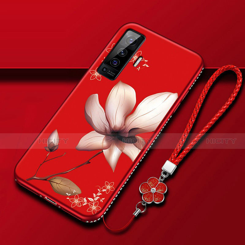 Coque Silicone Fleurs Souple Couleur Unie Etui Housse pour Vivo X50 5G Vin Rouge Plus