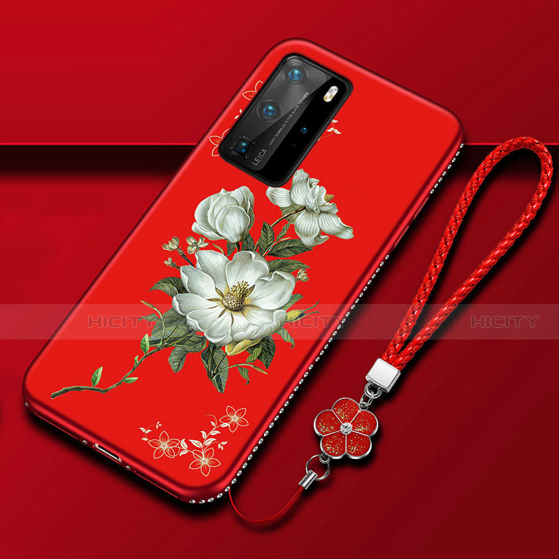 Coque Silicone Fleurs Souple Couleur Unie Etui Housse S01 pour Huawei P40 Pro Rouge Plus