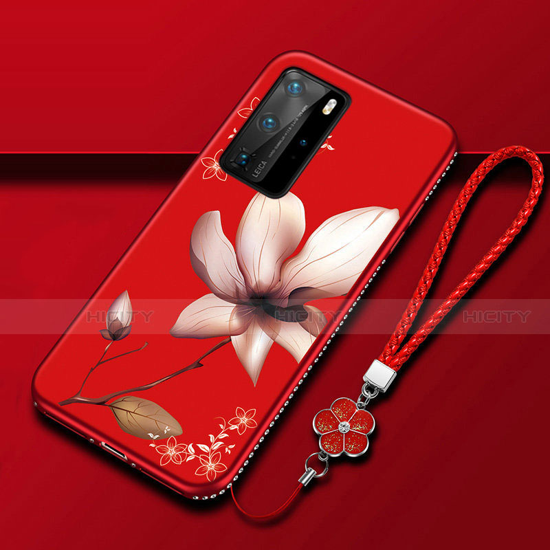 Coque Silicone Fleurs Souple Couleur Unie Etui Housse S01 pour Huawei P40 Pro Vin Rouge Plus