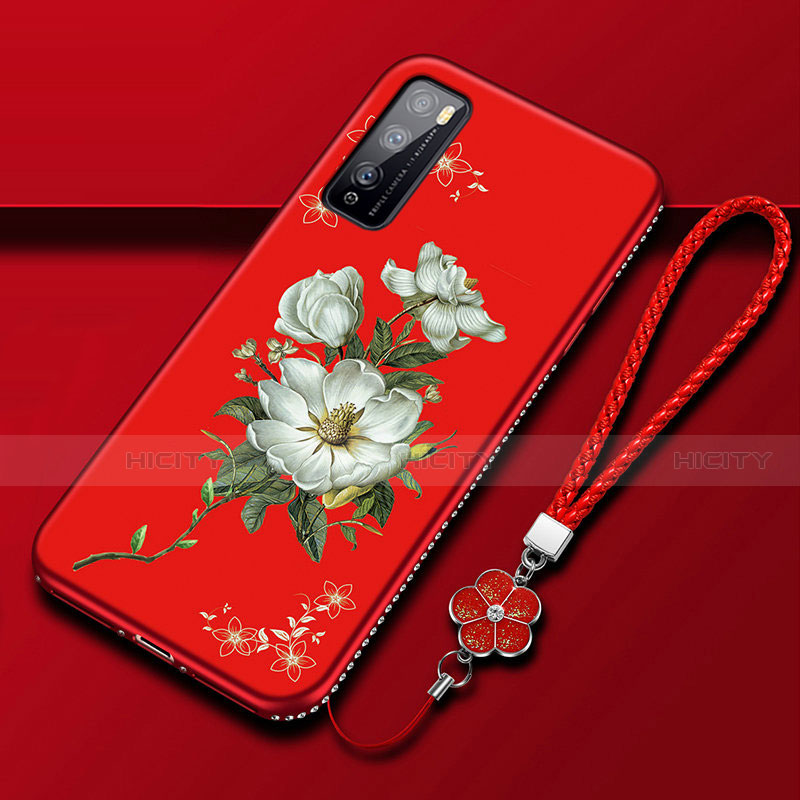 Coque Silicone Fleurs Souple Couleur Unie Etui Housse S02 pour Huawei Enjoy 20 Pro 5G Rouge Plus