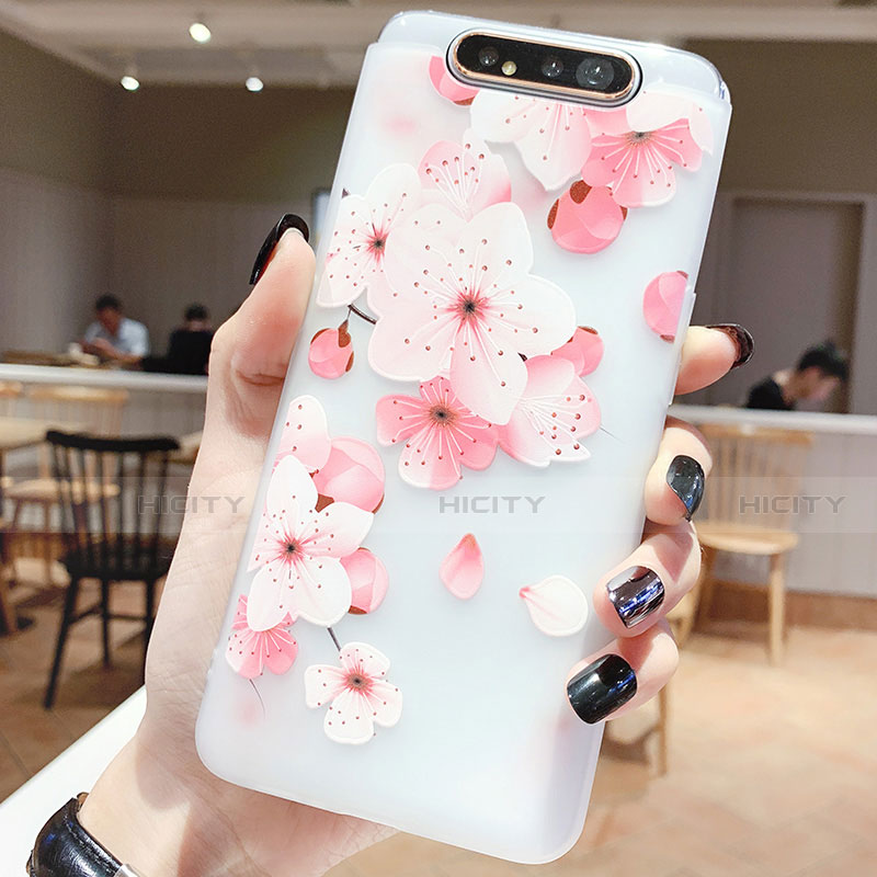 Coque Silicone Fleurs Souple Couleur Unie Etui Housse S04 pour Samsung Galaxy A80 Rose Rouge Plus