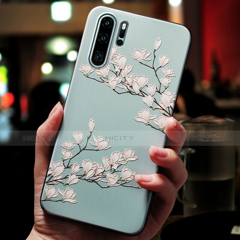 Coque Silicone Fleurs Souple Couleur Unie pour Huawei P30 Pro Cyan Plus