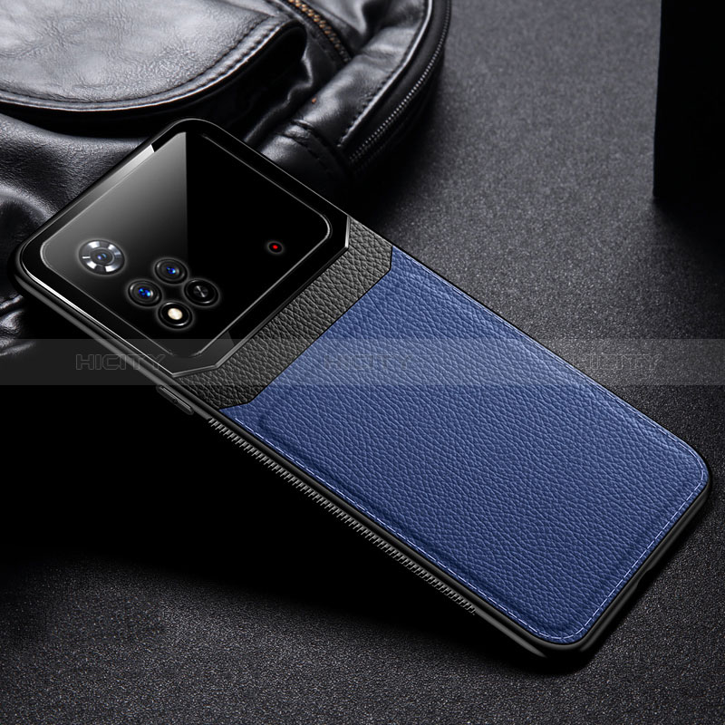 Coque Silicone Gel Motif Cuir Housse Etui avec Magnetique FL1 pour Xiaomi Poco M4 Pro 4G Bleu Plus