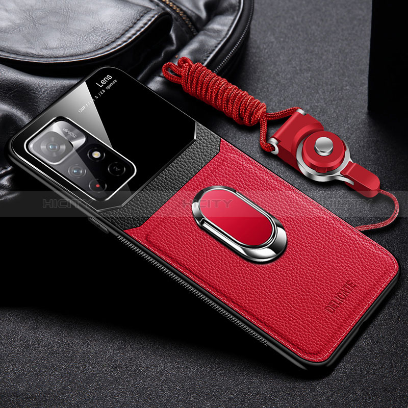 Coque Silicone Gel Motif Cuir Housse Etui avec Magnetique FL2 pour Xiaomi Poco M4 Pro 5G Rouge Plus