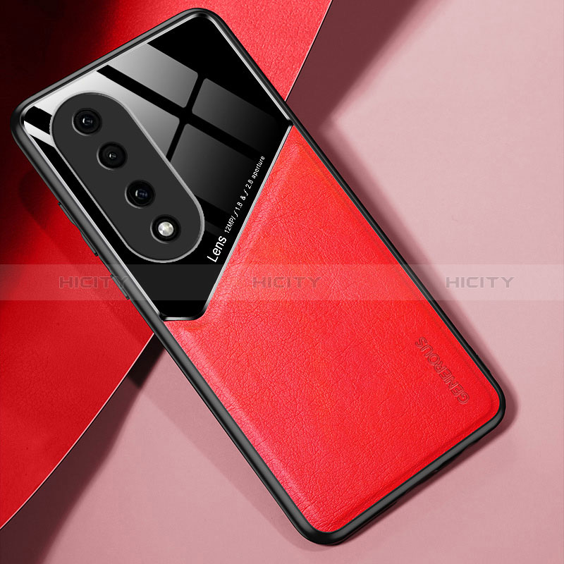 Coque Silicone Gel Motif Cuir Housse Etui avec Magnetique pour Huawei Honor 90 Pro 5G Rouge Plus