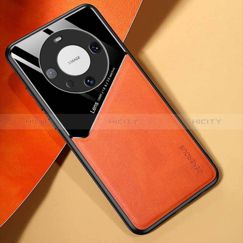 Coque Silicone Gel Motif Cuir Housse Etui avec Magnetique pour Huawei Mate 60 Pro Orange Plus