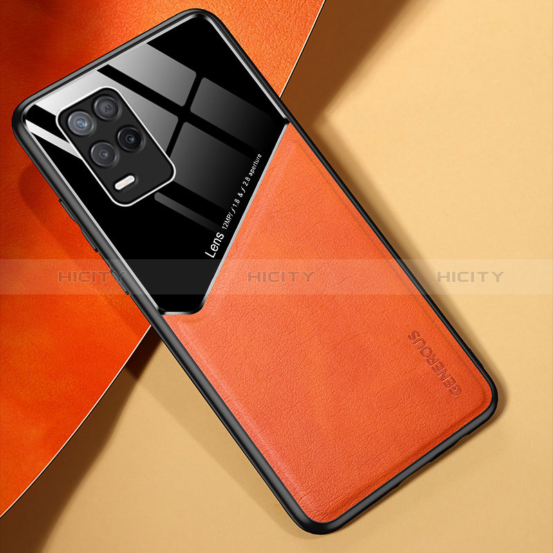 Coque Silicone Gel Motif Cuir Housse Etui avec Magnetique pour Realme 8s 5G Orange Plus