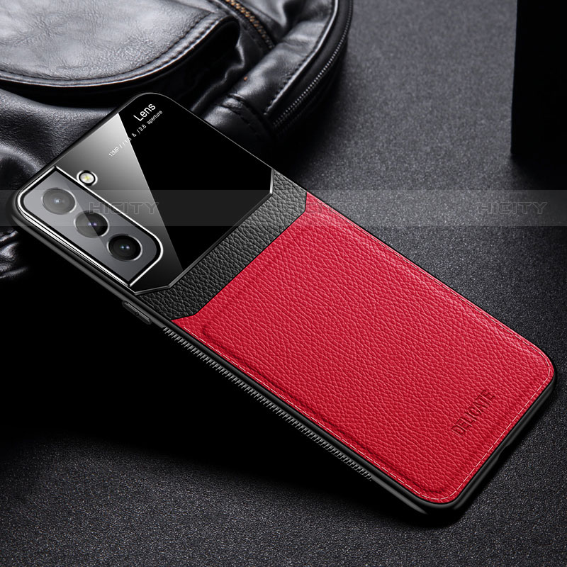 Coque Silicone Gel Motif Cuir Housse Etui avec Magnetique pour Samsung Galaxy S21 Plus 5G Rouge Plus