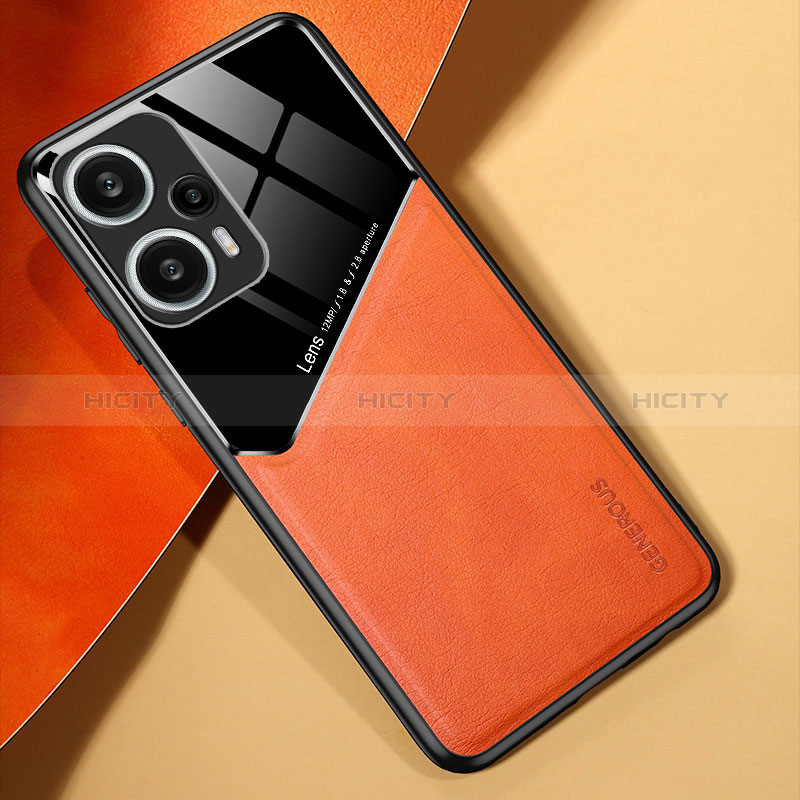 Coque Silicone Gel Motif Cuir Housse Etui avec Magnetique pour Xiaomi Poco F5 5G Orange Plus