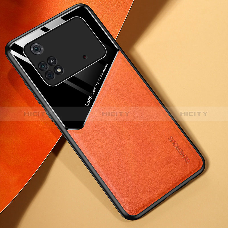 Coque Silicone Gel Motif Cuir Housse Etui avec Magnetique pour Xiaomi Poco M4 Pro 4G Orange Plus