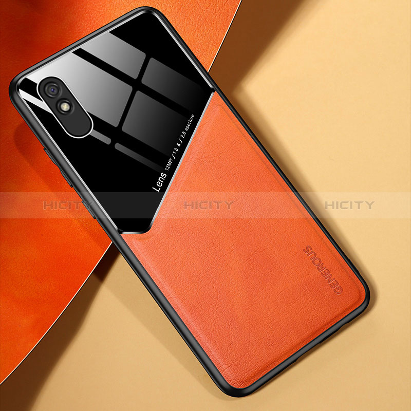 Coque Silicone Gel Motif Cuir Housse Etui avec Magnetique pour Xiaomi Redmi 9AT Orange Plus