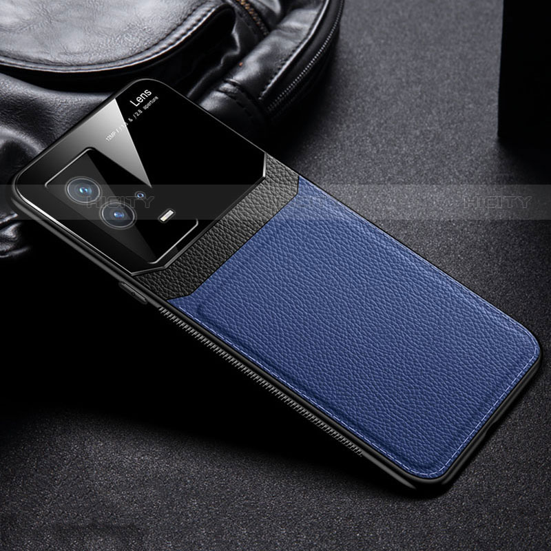 Coque Silicone Gel Motif Cuir Housse Etui avec Magnetique S01 pour Vivo iQOO 8 5G Bleu Plus