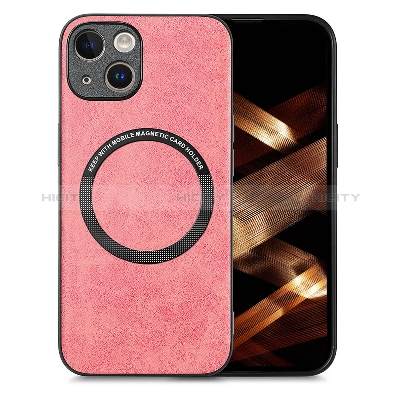 Coque Silicone Gel Motif Cuir Housse Etui avec Magnetique S02D pour Apple iPhone 13 Rose Plus