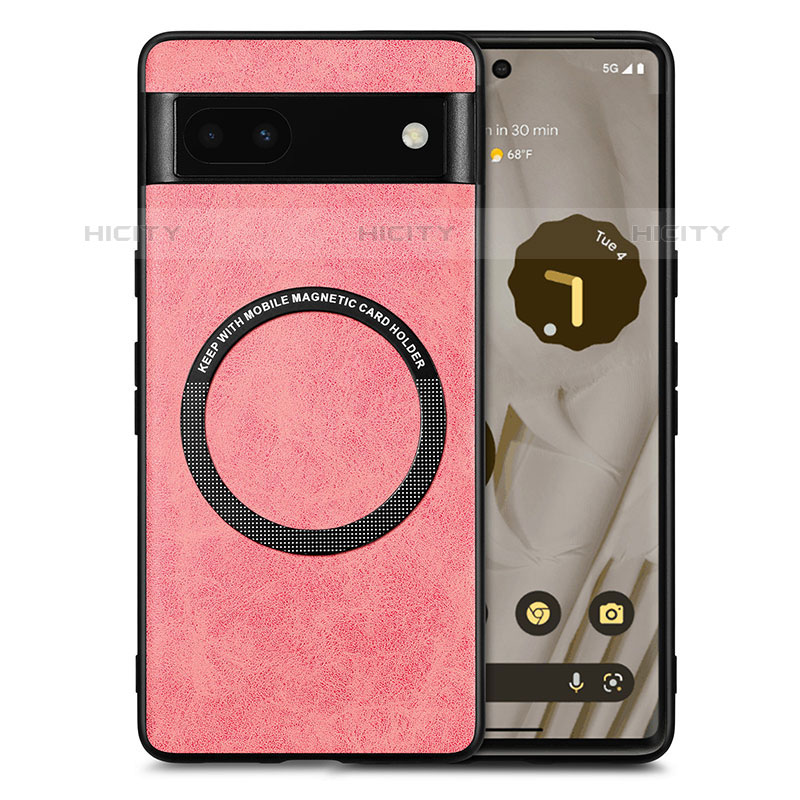 Coque Silicone Gel Motif Cuir Housse Etui avec Magnetique S02D pour Google Pixel 6a 5G Rose Plus