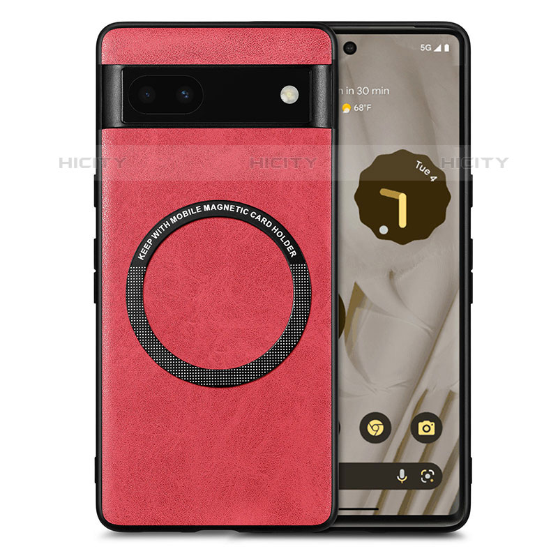 Coque Silicone Gel Motif Cuir Housse Etui avec Magnetique S02D pour Google Pixel 6a 5G Rouge Plus