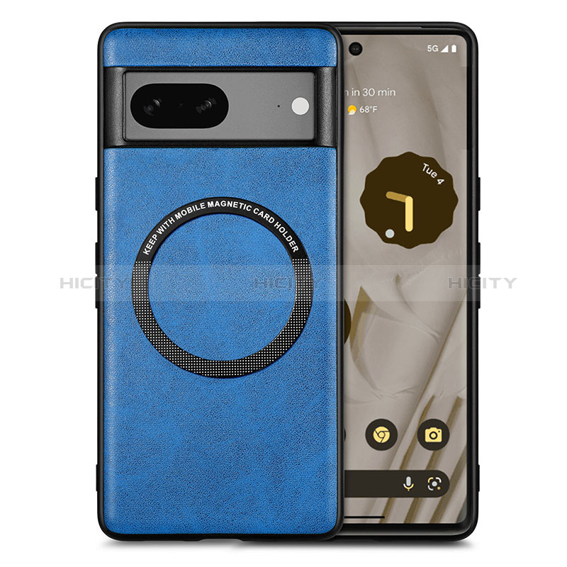 Coque Silicone Gel Motif Cuir Housse Etui avec Magnetique S02D pour Google Pixel 7 5G Bleu Plus