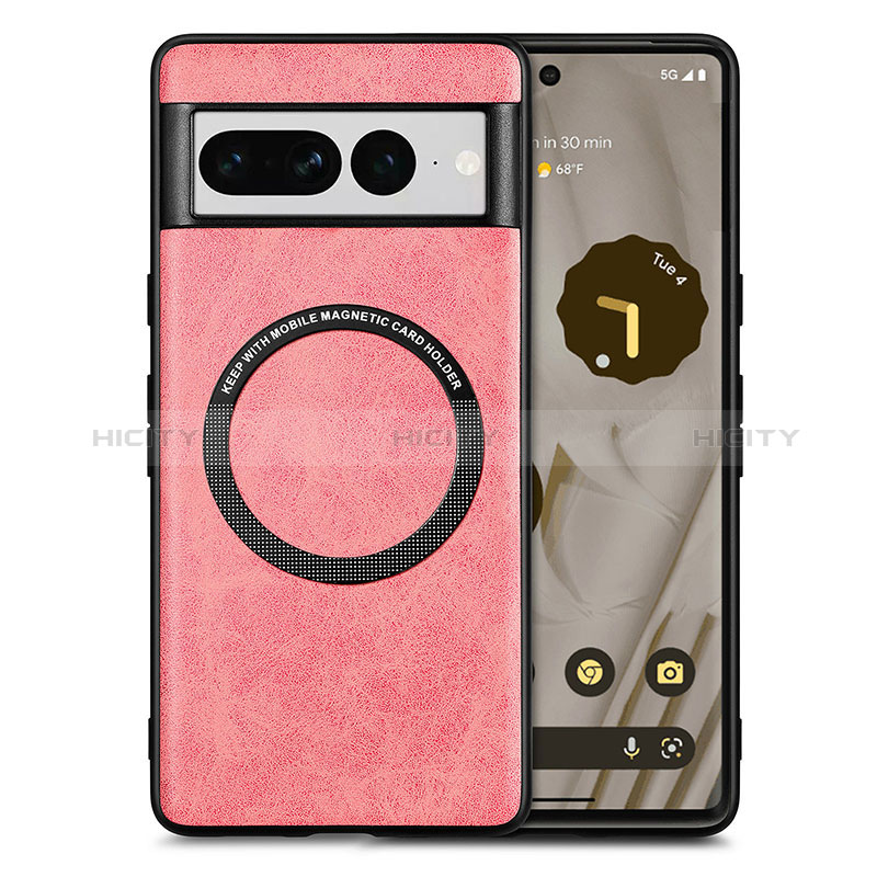 Coque Silicone Gel Motif Cuir Housse Etui avec Magnetique S02D pour Google Pixel 7 Pro 5G Rose Plus