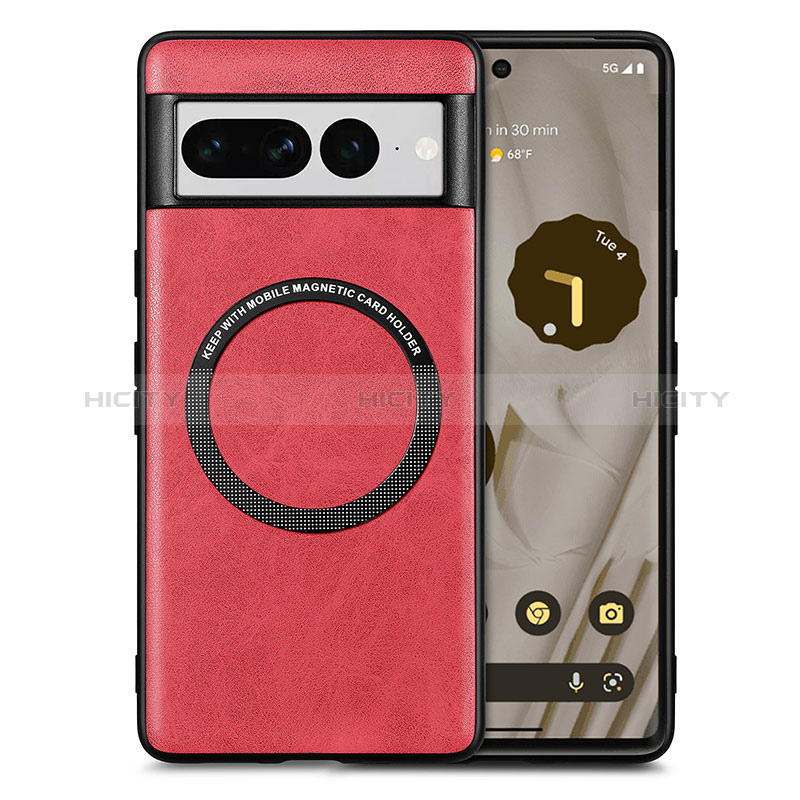 Coque Silicone Gel Motif Cuir Housse Etui avec Magnetique S02D pour Google Pixel 7 Pro 5G Rouge Plus