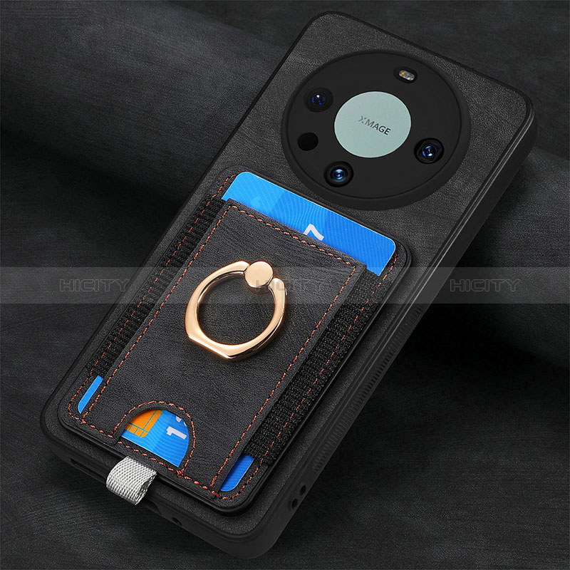 Coque Silicone Gel Motif Cuir Housse Etui avec Magnetique S02D pour Huawei Mate 60 Pro+ Plus Noir Plus