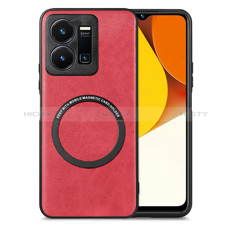 Coque Silicone Gel Motif Cuir Housse Etui avec Magnetique S02D pour Vivo Y35 4G Rouge Plus