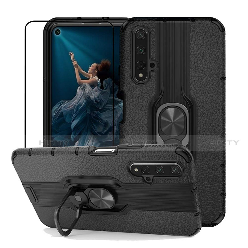 Coque Silicone Gel Motif Cuir Housse Etui avec Support Bague Anneau Aimante Magnetique K01 pour Huawei Honor 20 Noir Plus