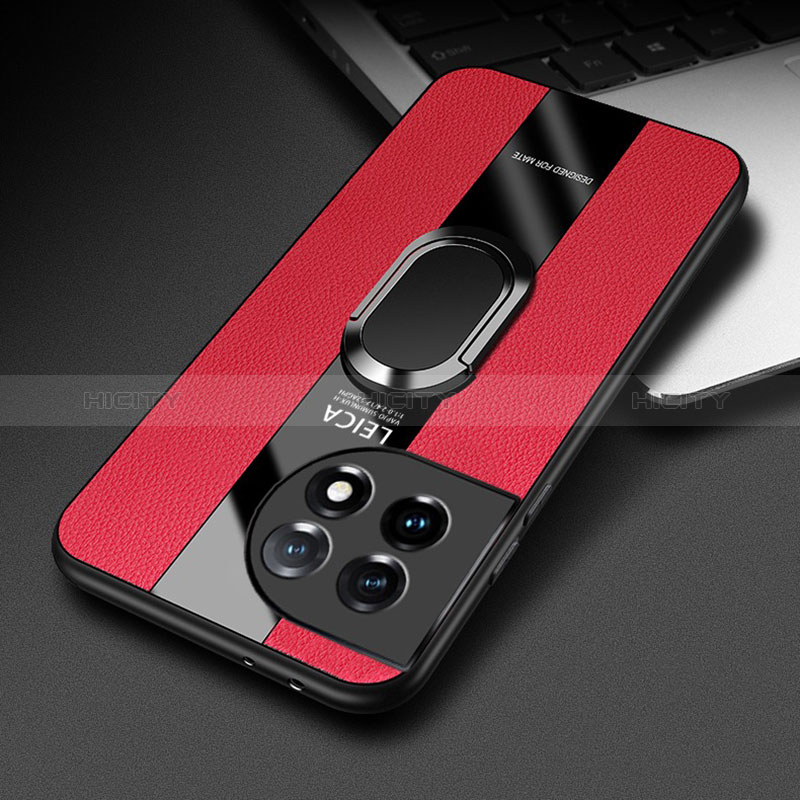 Coque Silicone Gel Motif Cuir Housse Etui avec Support Bague Anneau Aimante Magnetique PB1 pour OnePlus 11R 5G Rouge Plus