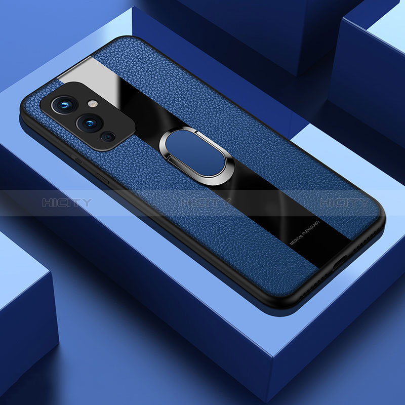 Coque Silicone Gel Motif Cuir Housse Etui avec Support Bague Anneau Aimante Magnetique PB1 pour OnePlus 9 5G Bleu Plus