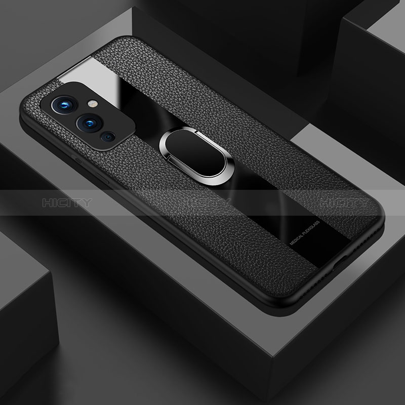 Coque Silicone Gel Motif Cuir Housse Etui avec Support Bague Anneau Aimante Magnetique PB1 pour OnePlus 9 5G Noir Plus