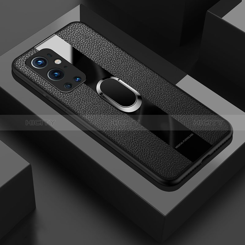 Coque Silicone Gel Motif Cuir Housse Etui avec Support Bague Anneau Aimante Magnetique PB1 pour OnePlus 9 Pro 5G Noir Plus