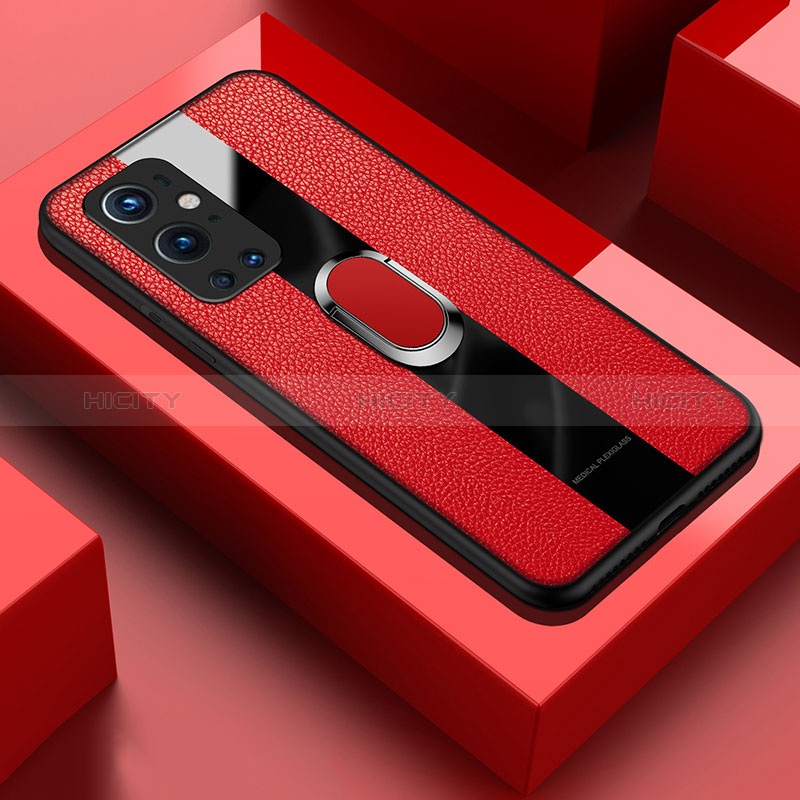 Coque Silicone Gel Motif Cuir Housse Etui avec Support Bague Anneau Aimante Magnetique PB1 pour OnePlus 9 Pro 5G Rouge Plus