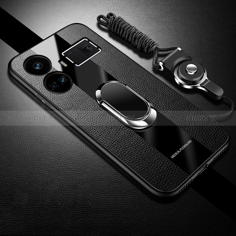 Coque Silicone Gel Motif Cuir Housse Etui avec Support Bague Anneau Aimante Magnetique PB1 pour Realme GT Neo5 5G Noir Plus