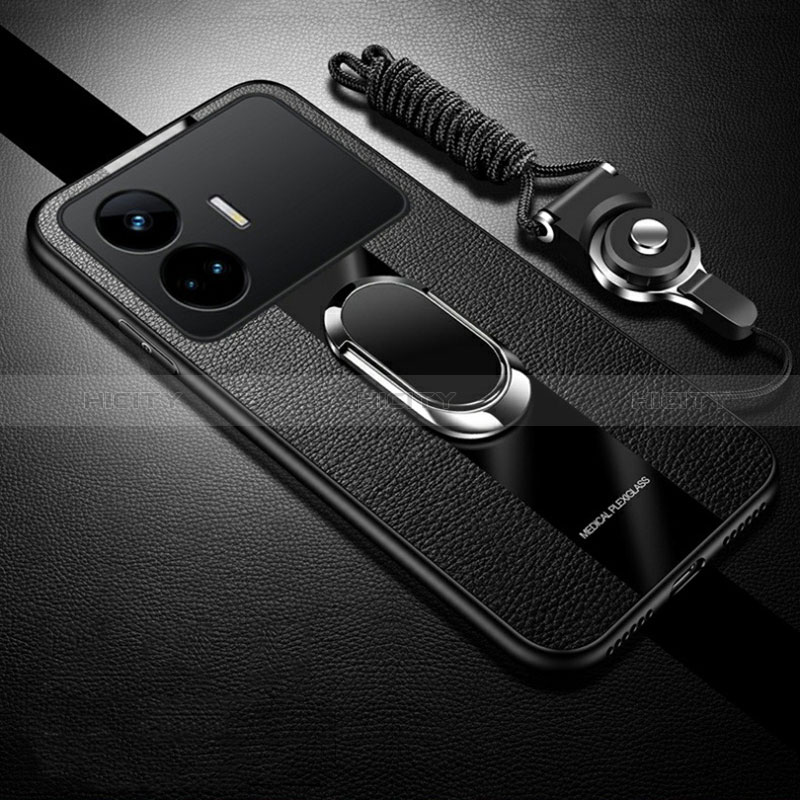 Coque Silicone Gel Motif Cuir Housse Etui avec Support Bague Anneau Aimante Magnetique PB1 pour Realme GT Neo5 SE 5G Noir Plus