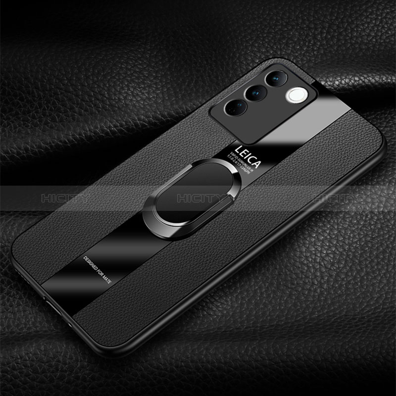 Coque Silicone Gel Motif Cuir Housse Etui avec Support Bague Anneau Aimante Magnetique PB1 pour Vivo V27 Pro 5G Plus