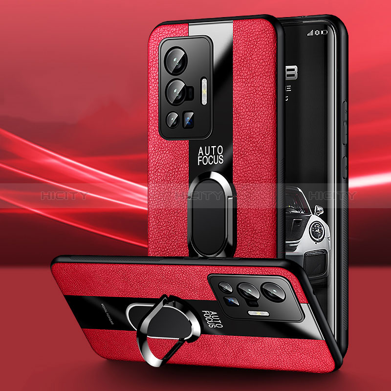 Coque Silicone Gel Motif Cuir Housse Etui avec Support Bague Anneau Aimante Magnetique PB1 pour Vivo X70 Pro 5G Rouge Plus