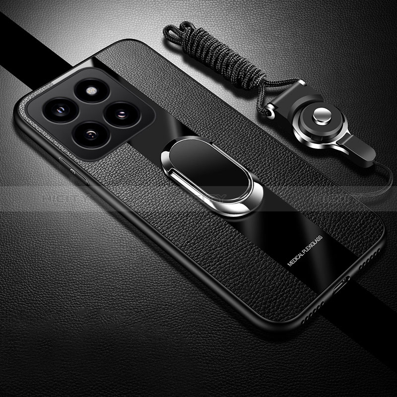 Coque Silicone Gel Motif Cuir Housse Etui avec Support Bague Anneau Aimante Magnetique PB1 pour Xiaomi Mi 14 5G Noir Plus