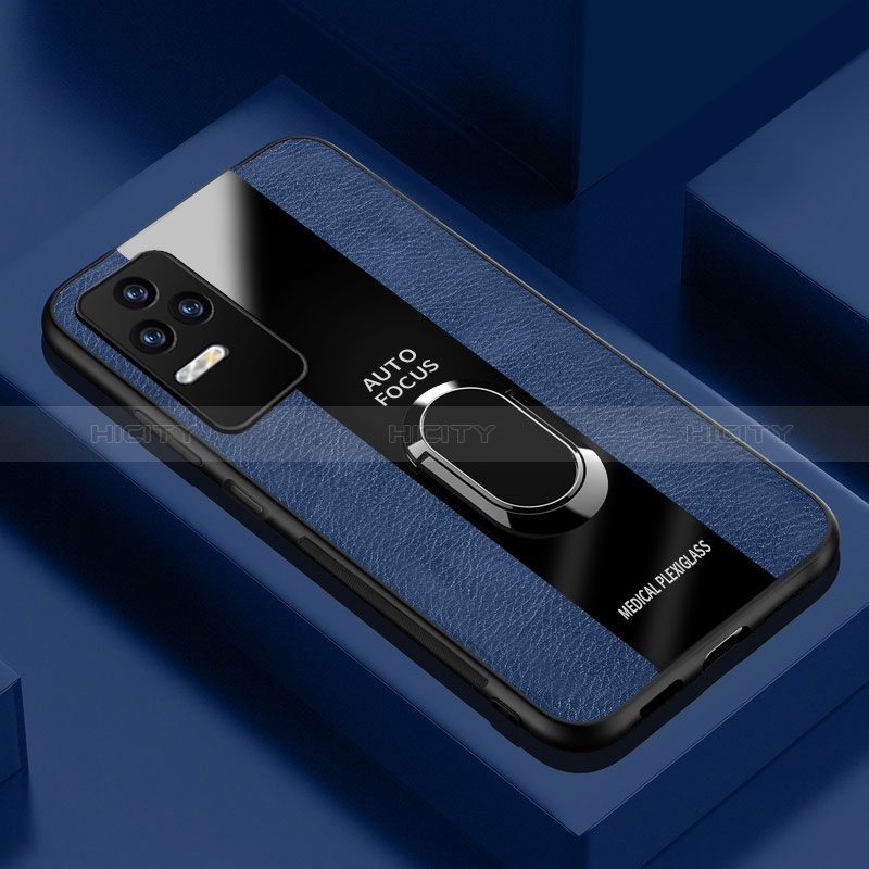 Coque Silicone Gel Motif Cuir Housse Etui avec Support Bague Anneau Aimante Magnetique PB1 pour Xiaomi Poco F4 5G Bleu Plus