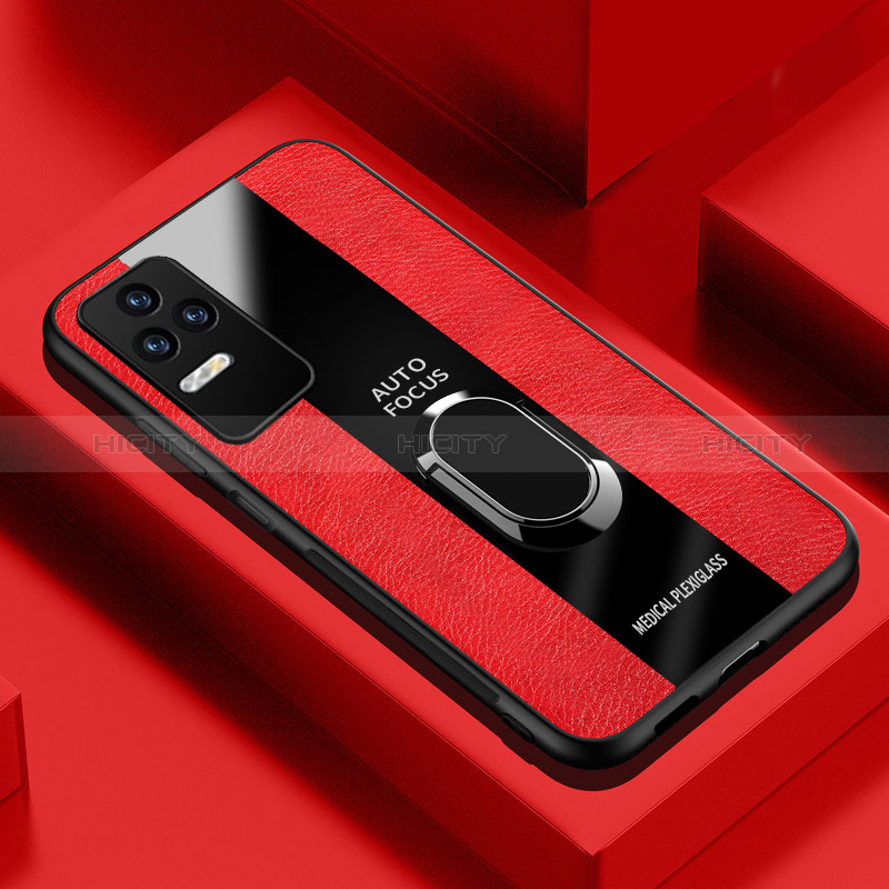 Coque Silicone Gel Motif Cuir Housse Etui avec Support Bague Anneau Aimante Magnetique PB1 pour Xiaomi Poco F4 5G Rouge Plus