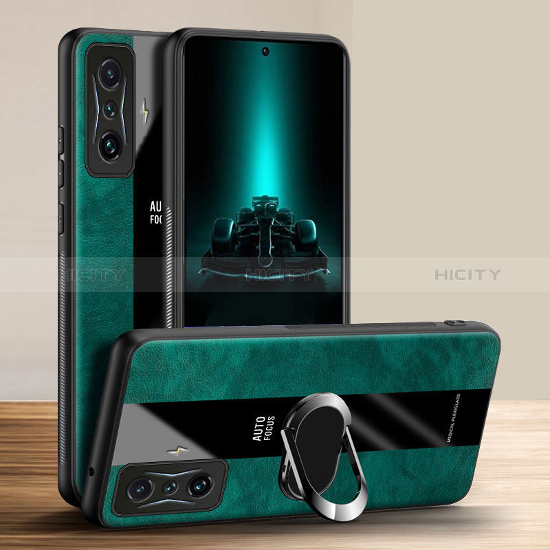 Coque Silicone Gel Motif Cuir Housse Etui avec Support Bague Anneau Aimante Magnetique PB1 pour Xiaomi Poco F4 GT 5G Vert Plus